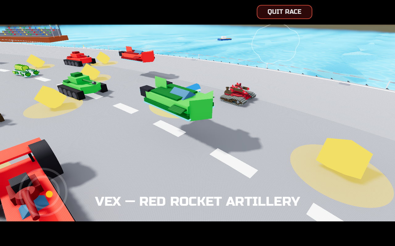 Green hoverpod leading two tanks, with a rival banner reading VEX — RED ROCKET ARTILLERY