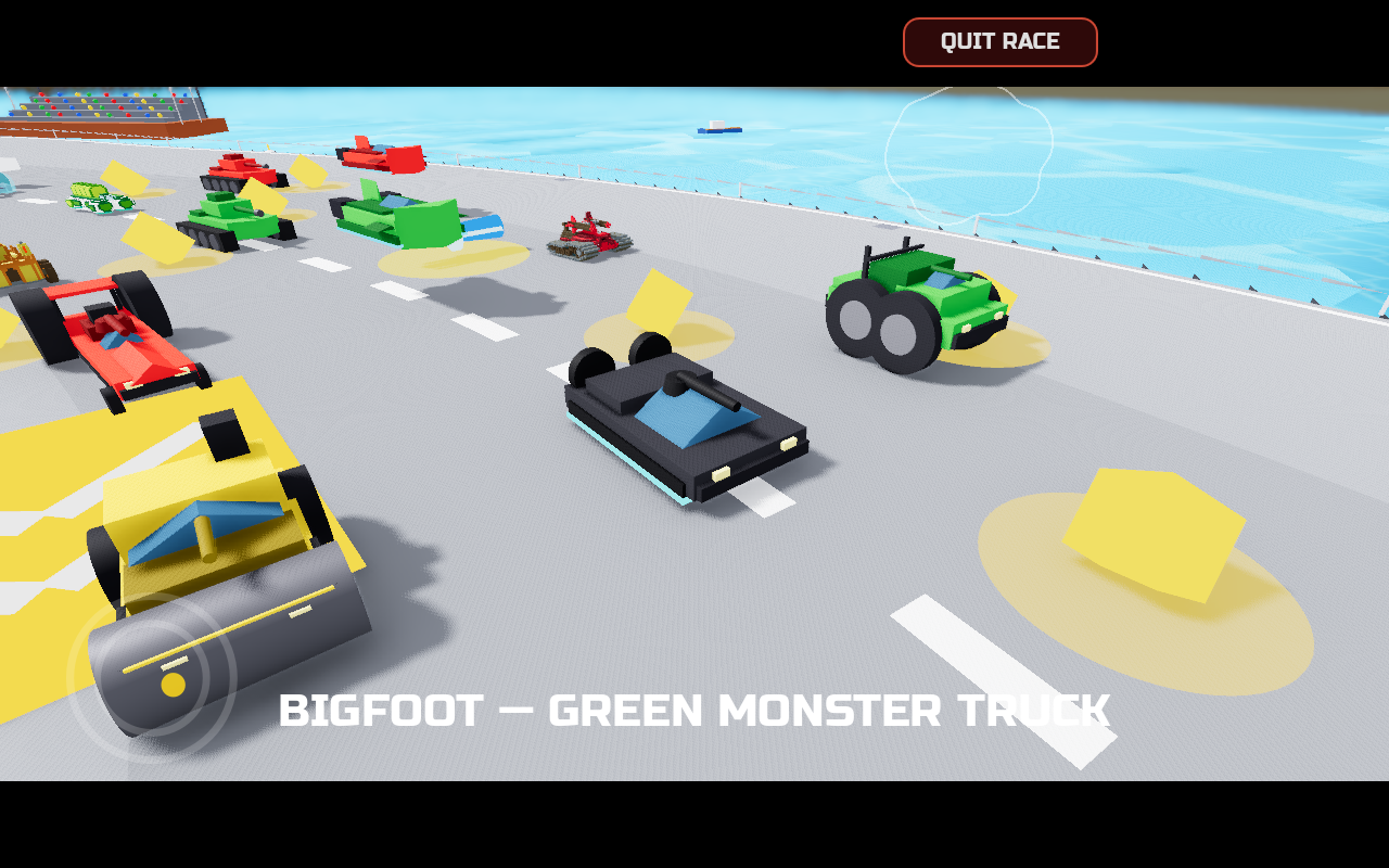 A black hoverpod with its cannon barrel raised, boxed in by monster trucks and tanks