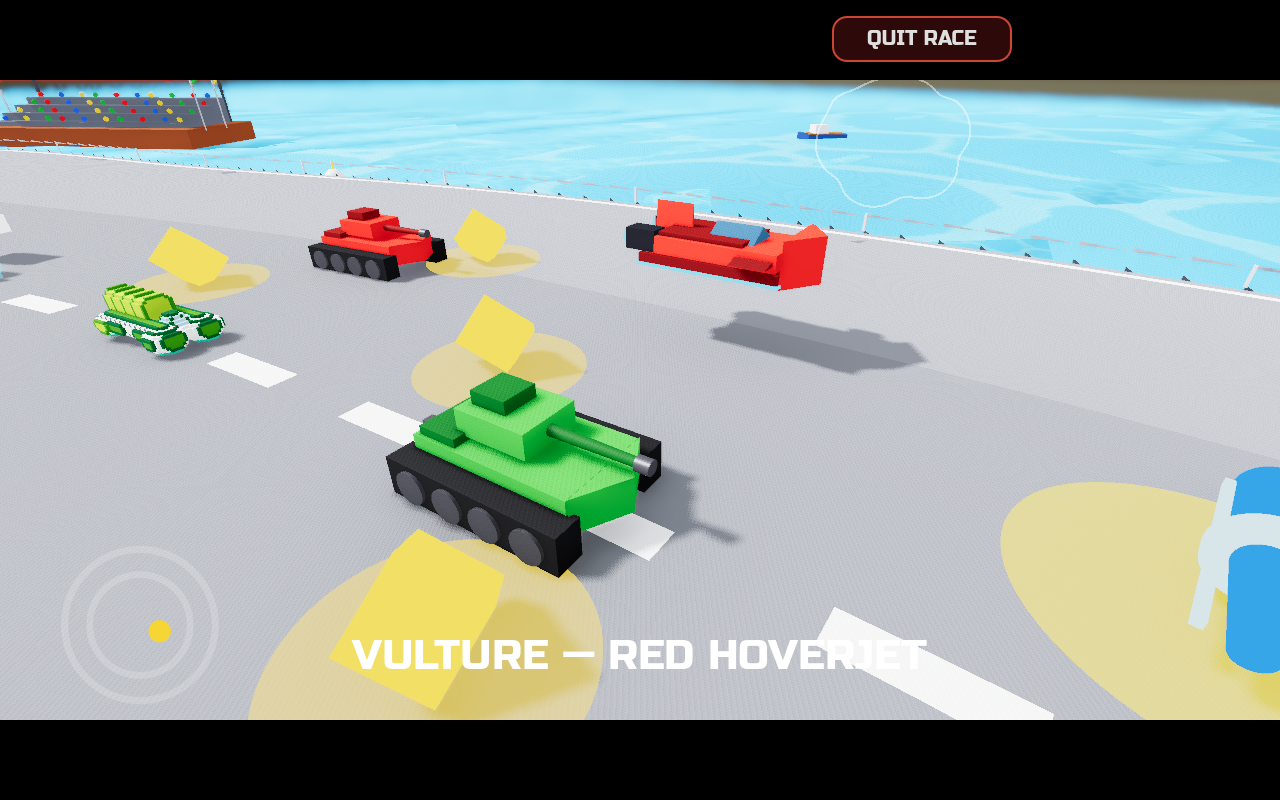Late-race spread of tanks, a hoverjet and a hoverpod across the track