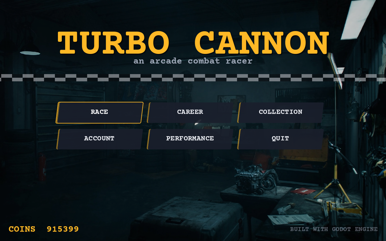 Turbo Cannon main menu over a garage backdrop