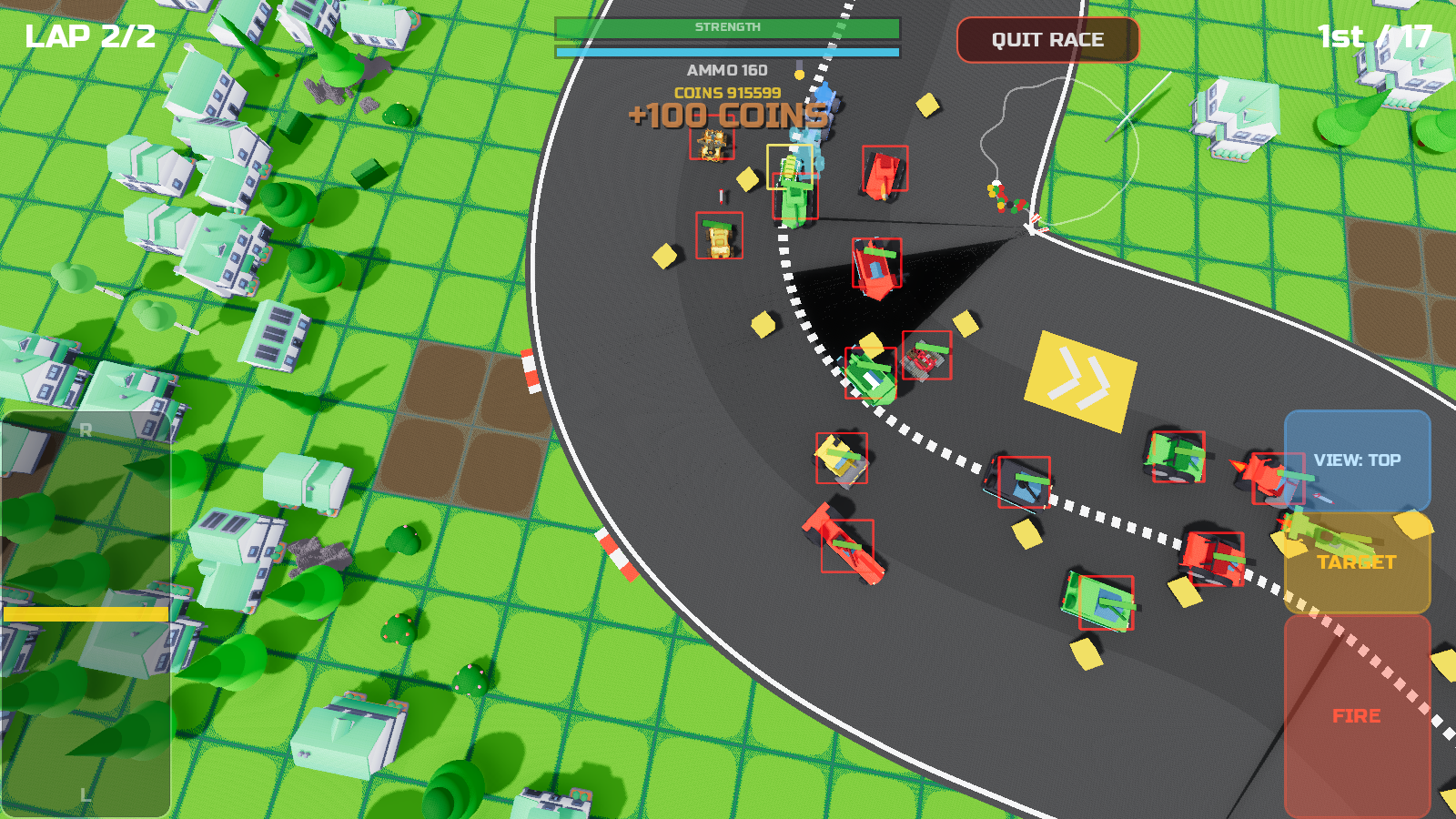 Overhead view of a tight bend on Amber Crosstown with the full seventeen-car pack clustered together